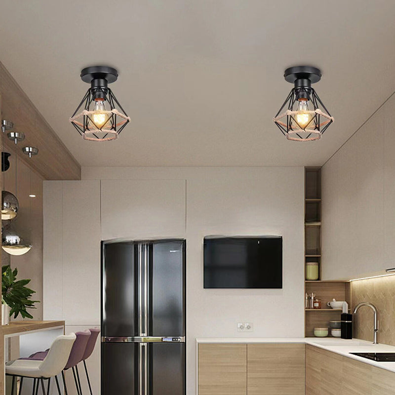 Modern Minimalist Iron Hemp Rope Geometric 1-Light Semi-Flush Mount Ceiling Light For Living Room