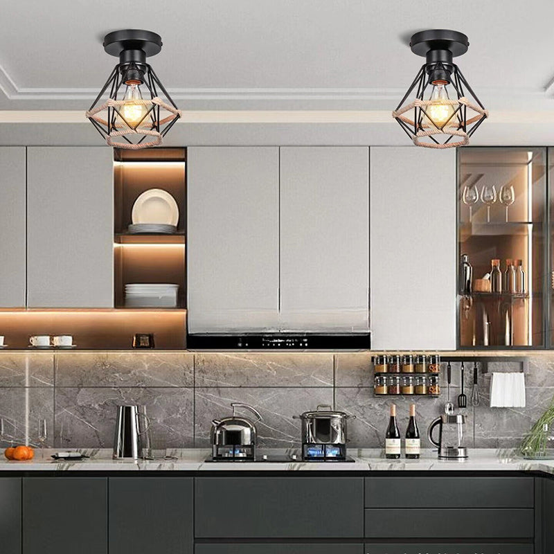 Modern Minimalist Iron Hemp Rope Geometric 1-Light Semi-Flush Mount Ceiling Light For Living Room