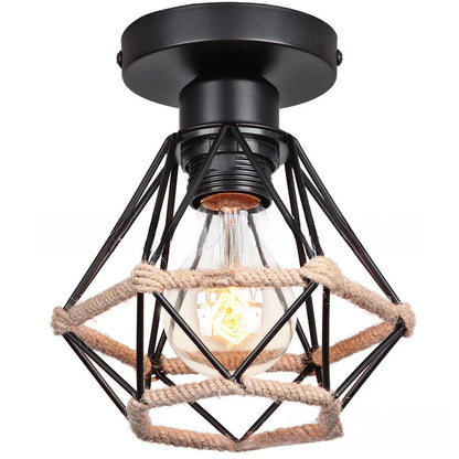 Modern Minimalist Iron Hemp Rope Geometric 1-Light Semi-Flush Mount Ceiling Light For Living Room