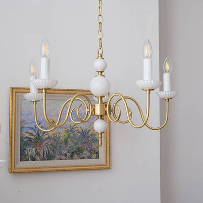Traditional French Brass Glass Curved Rod Candelabra 3/5-Light Chandelier For Living Room
