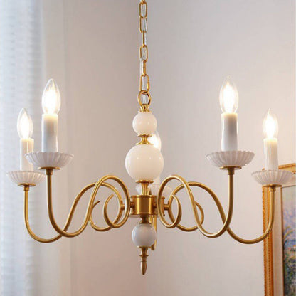 Traditional French Brass Glass Curved Rod Candelabra 3/5-Light Chandelier For Living Room