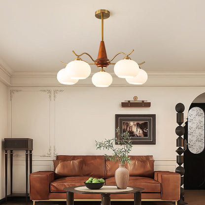 Traditional French Iron Wood Glass Elliptical Shade 5/6/8-Light Chandelier For Living Room
