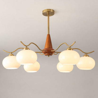 Traditional French Iron Wood Glass Elliptical Shade 5/6/8-Light Chandelier For Living Room