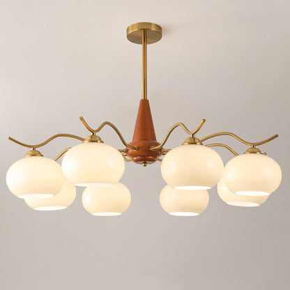Traditional French Iron Wood Glass Elliptical Shade 5/6/8-Light Chandelier For Living Room