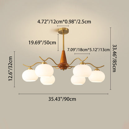 Traditional French Iron Wood Glass Elliptical Shade 5/6/8-Light Chandelier For Living Room