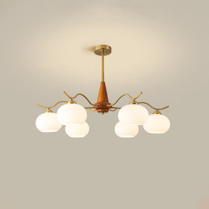 Traditional French Iron Wood Glass Elliptical Shade 5/6/8-Light Chandelier For Living Room