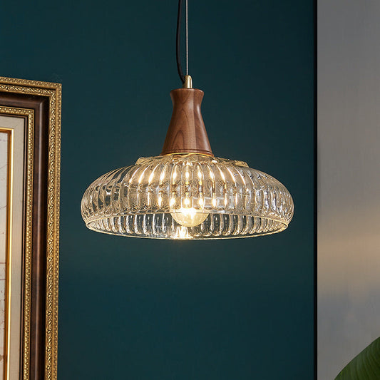 Traditional Vintage Brass Wood Glass Striped Round Lid Shade 1-Light Pendant Light For Bedroom