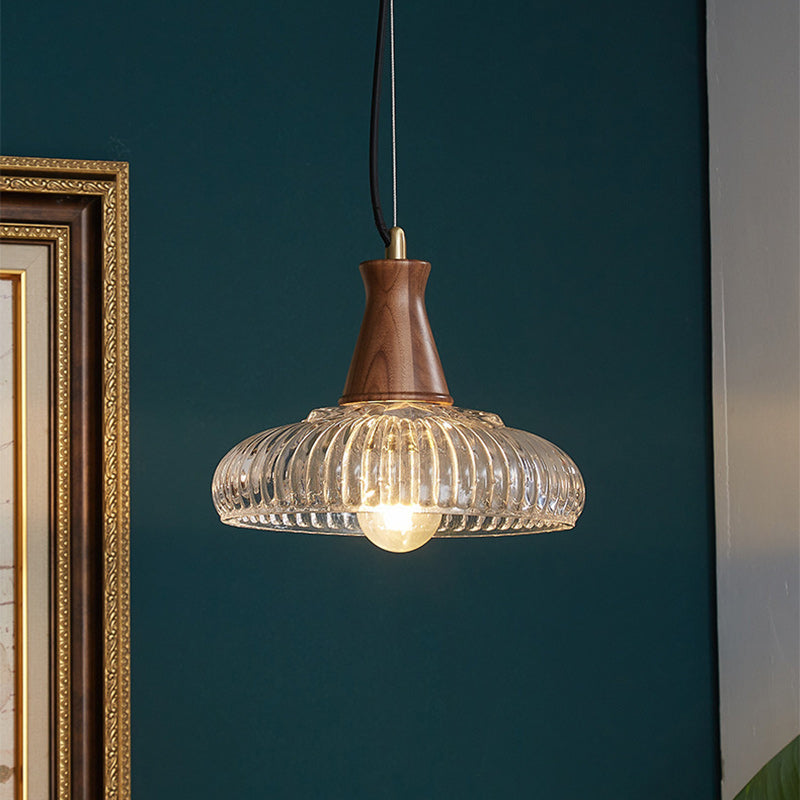 Traditional Vintage Brass Wood Glass Striped Round Lid Shade 1-Light Pendant Light For Bedroom