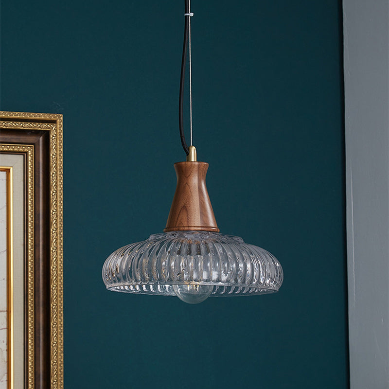 Traditional Vintage Brass Wood Glass Striped Round Lid Shade 1-Light Pendant Light For Bedroom