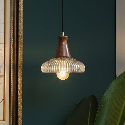 Traditional Vintage Brass Wood Glass Striped Round Lid Shade 1-Light Pendant Light For Bedroom