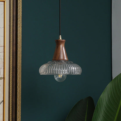 Traditional Vintage Brass Wood Glass Striped Round Lid Shade 1-Light Pendant Light For Bedroom