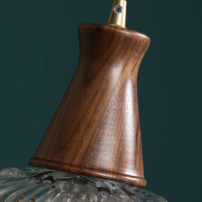 Traditional Vintage Brass Wood Glass Striped Round Lid Shade 1-Light Pendant Light For Bedroom