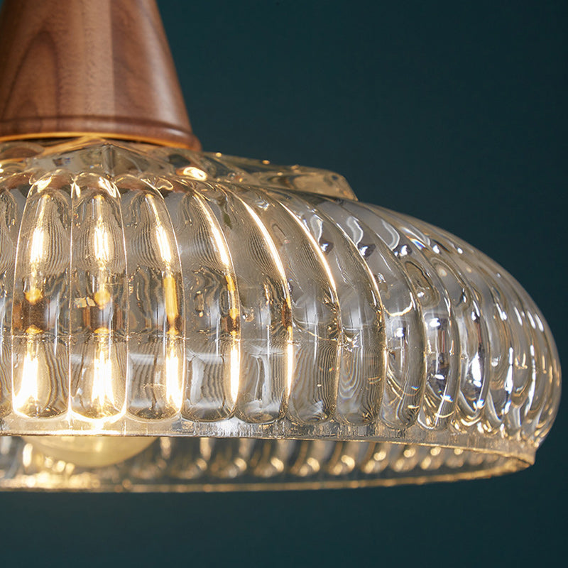 Traditional Vintage Brass Wood Glass Striped Round Lid Shade 1-Light Pendant Light For Bedroom