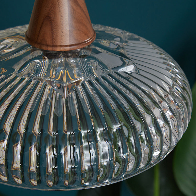 Traditional Vintage Brass Wood Glass Striped Round Lid Shade 1-Light Pendant Light For Bedroom