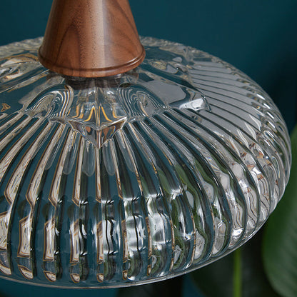 Traditional Vintage Brass Wood Glass Striped Round Lid Shade 1-Light Pendant Light For Bedroom