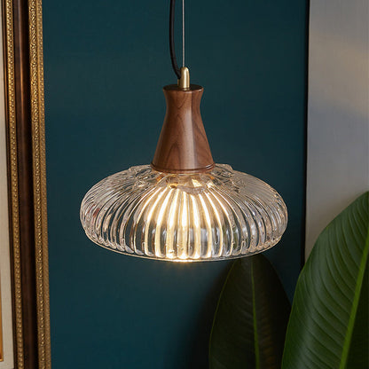 Traditional Vintage Brass Wood Glass Striped Round Lid Shade 1-Light Pendant Light For Bedroom