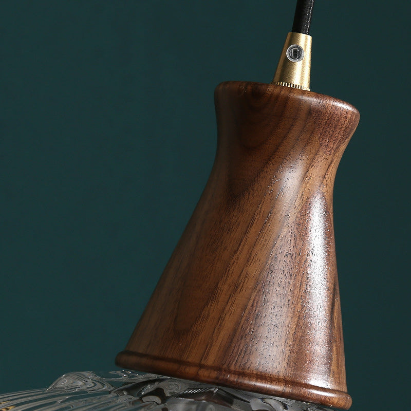 Traditional Vintage Brass Wood Glass Striped Round Lid Shade 1-Light Pendant Light For Bedroom