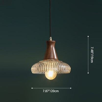 Traditional Vintage Brass Wood Glass Striped Round Lid Shade 1-Light Pendant Light For Bedroom