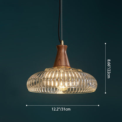 Traditional Vintage Brass Wood Glass Striped Round Lid Shade 1-Light Pendant Light For Bedroom