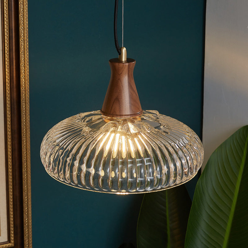 Traditional Vintage Brass Wood Glass Striped Round Lid Shade 1-Light Pendant Light For Bedroom