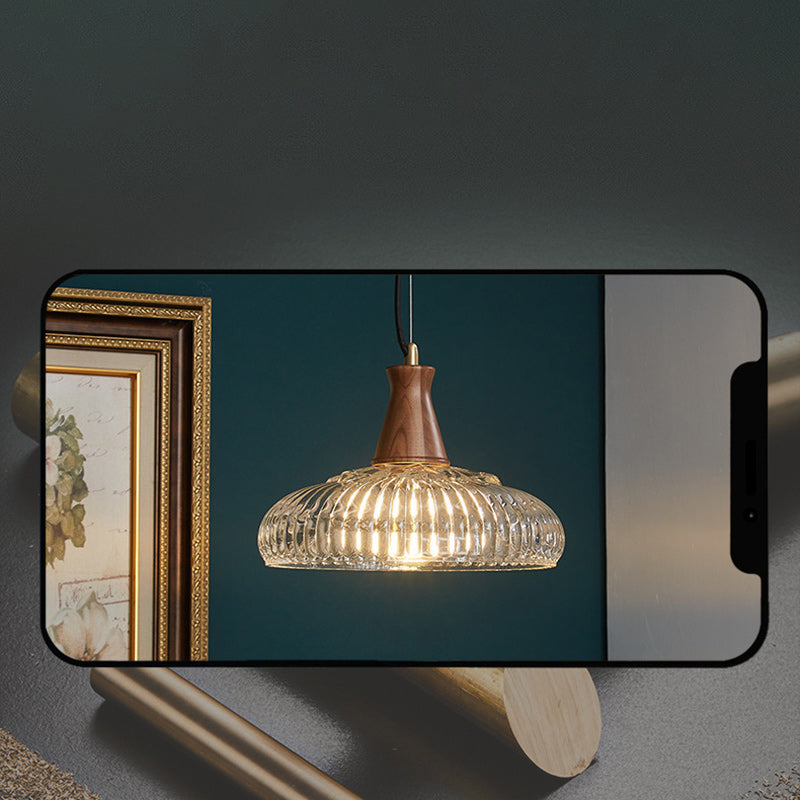 Traditional Vintage Brass Wood Glass Striped Round Lid Shade 1-Light Pendant Light For Bedroom