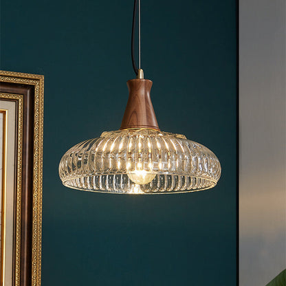 Traditional Vintage Brass Wood Glass Striped Round Lid Shade 1-Light Pendant Light For Bedroom