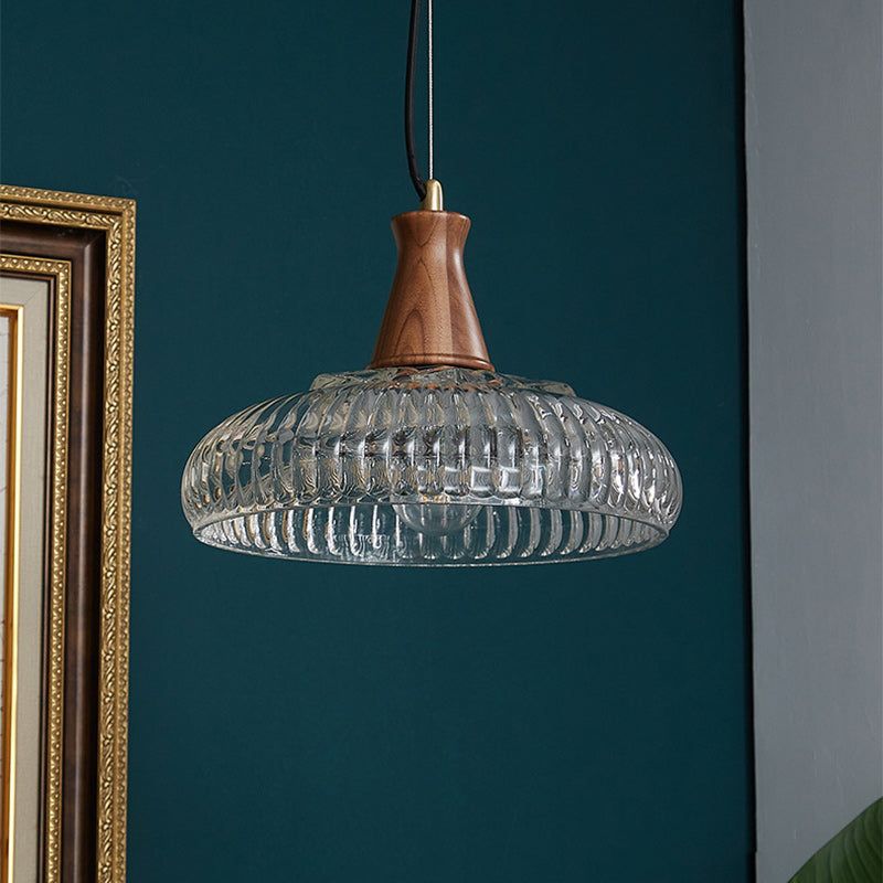 Traditional Vintage Brass Wood Glass Striped Round Lid Shade 1-Light Pendant Light For Bedroom