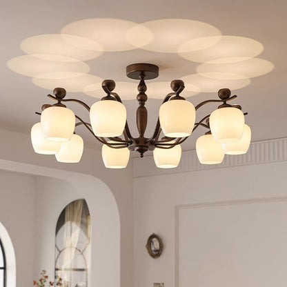 Contemporary Retro Iron Glass Branch Bent Rod Round Cup Shaped 6/8/10-Light Chandelier For Living Room