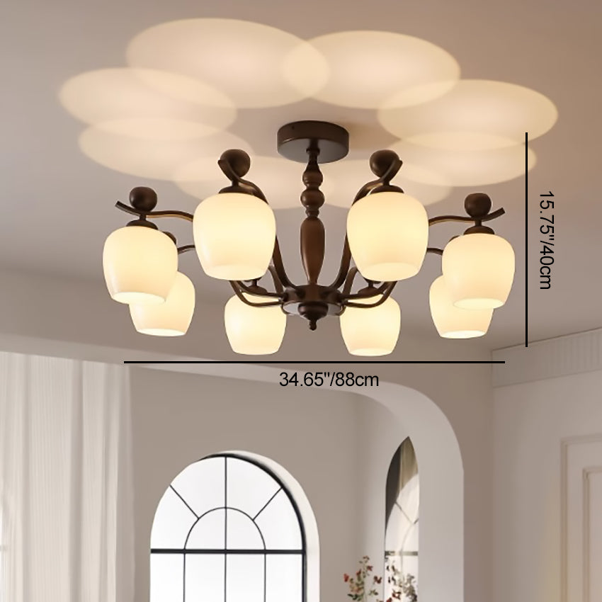 Contemporary Retro Iron Glass Branch Bent Rod Round Cup Shaped 6/8/10-Light Chandelier For Living Room