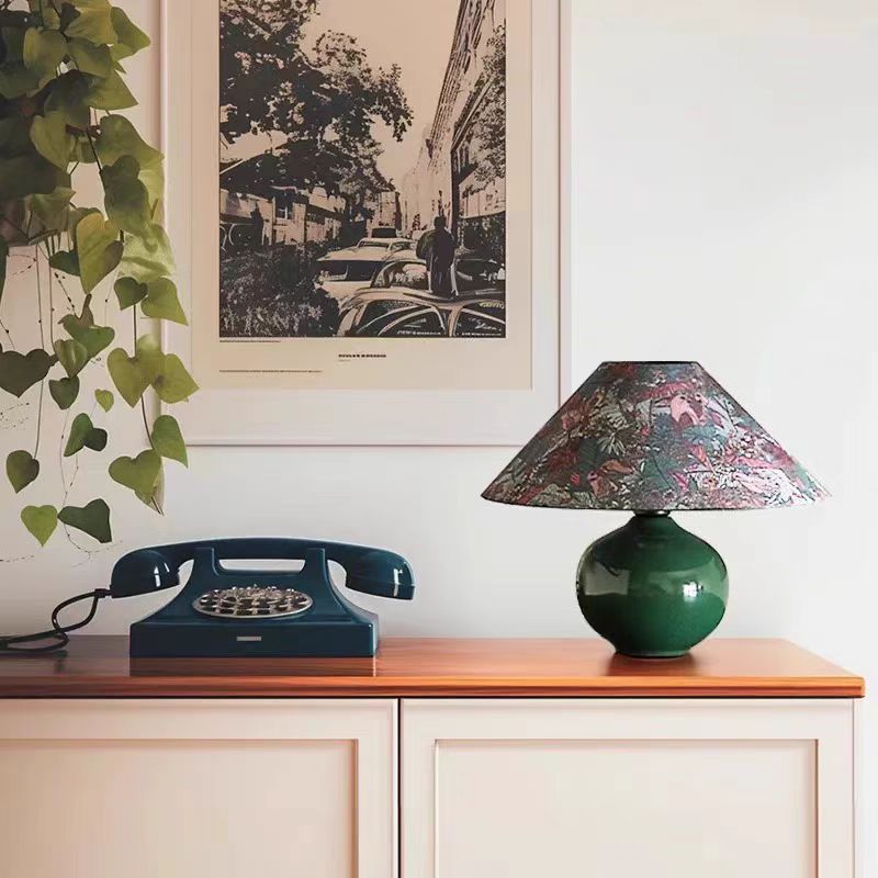 Modern Mid-Century Ceramic & Fabric Globe Base 1-Light Table Lamp For Living Room