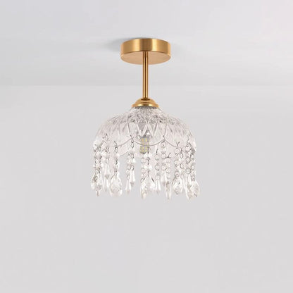 Traditional French Iron Crystal & Glass Dome Tassel 1-Light Semi-Flush Mount Ceiling Light For Hallway