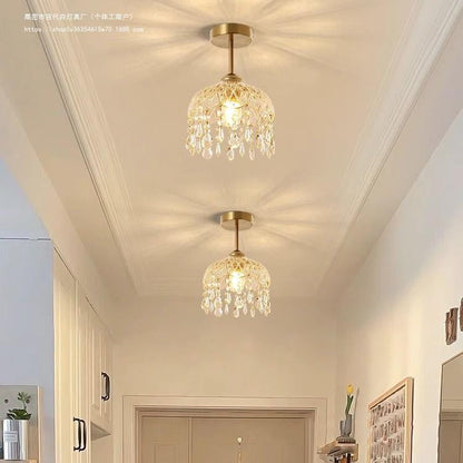 Traditional French Iron Crystal & Glass Dome Tassel 1-Light Semi-Flush Mount Ceiling Light For Hallway