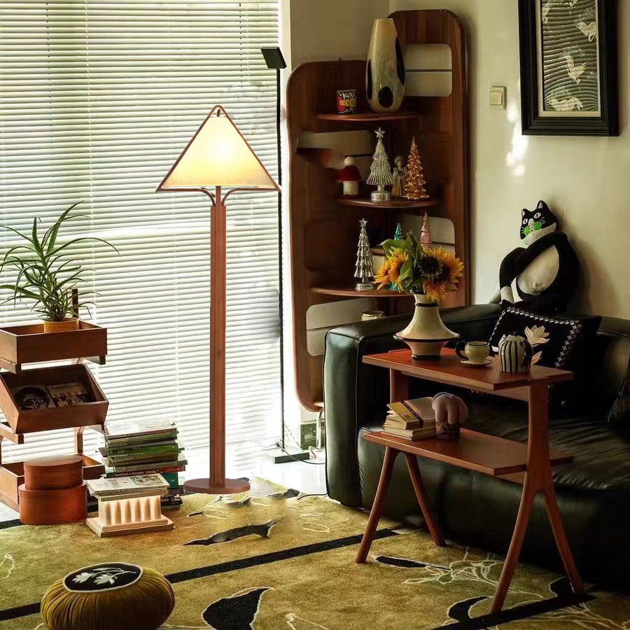 Traditional Vintage Wood Fabric Cylinder Base 1-Light Standing Floor Lamp For Living Room