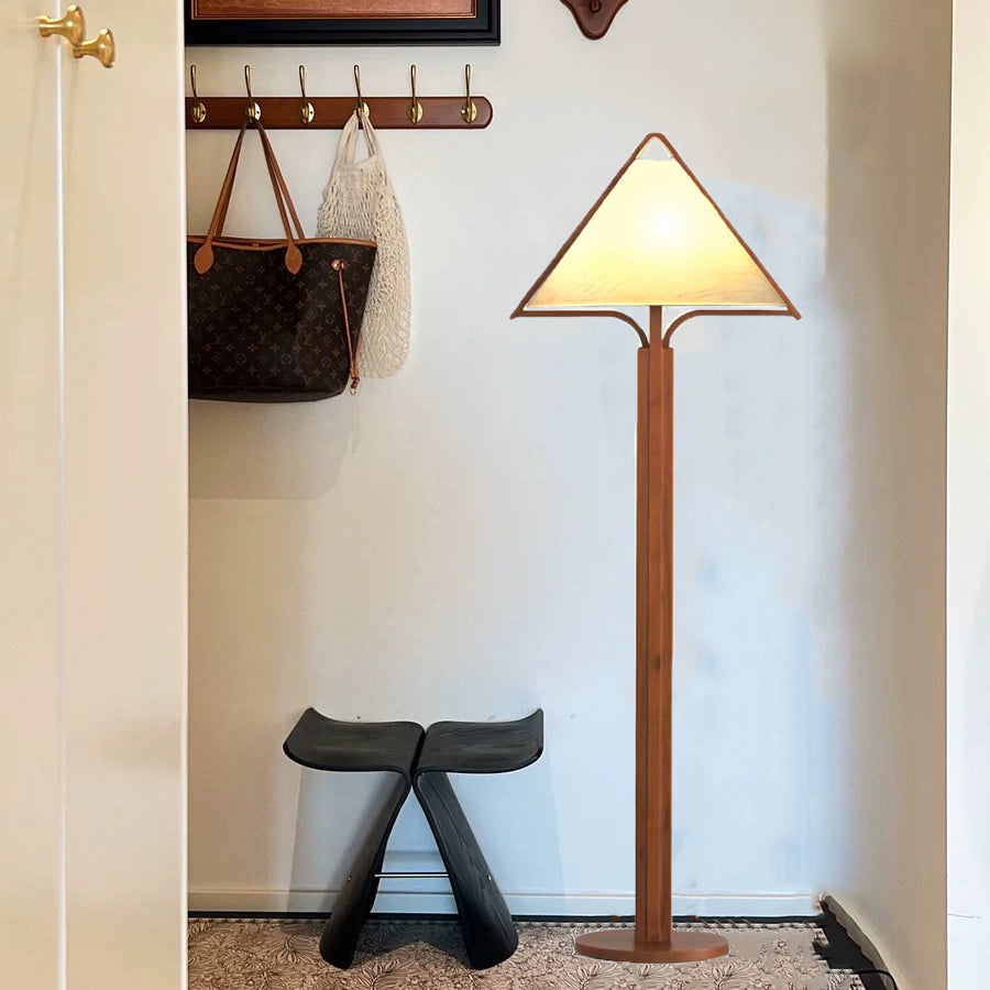 Traditional Vintage Wood Fabric Cylinder Base 1-Light Standing Floor Lamp For Living Room