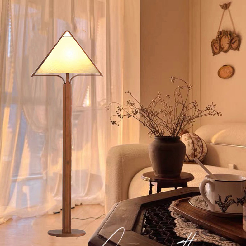 Traditional Vintage Wood Fabric Cylinder Base 1-Light Standing Floor Lamp For Living Room