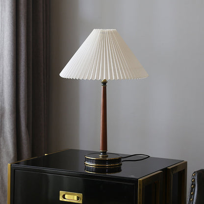 Modern Minimalist Metal Wood Pleated Fabric Cone Shade 1-Light Table Lamp For Living Room