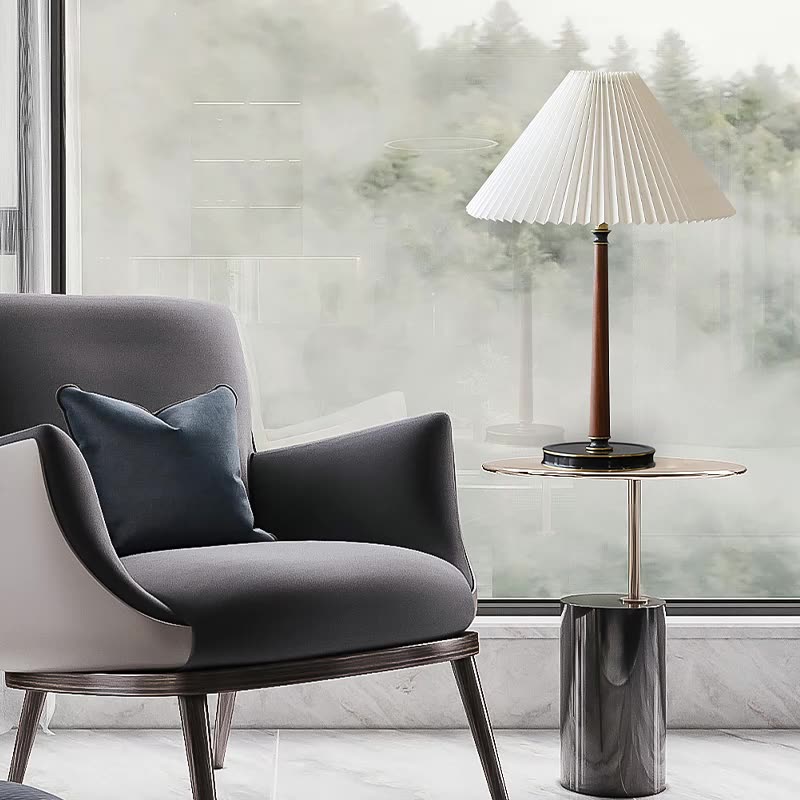 Modern Minimalist Metal Wood Pleated Fabric Cone Shade 1-Light Table Lamp For Living Room