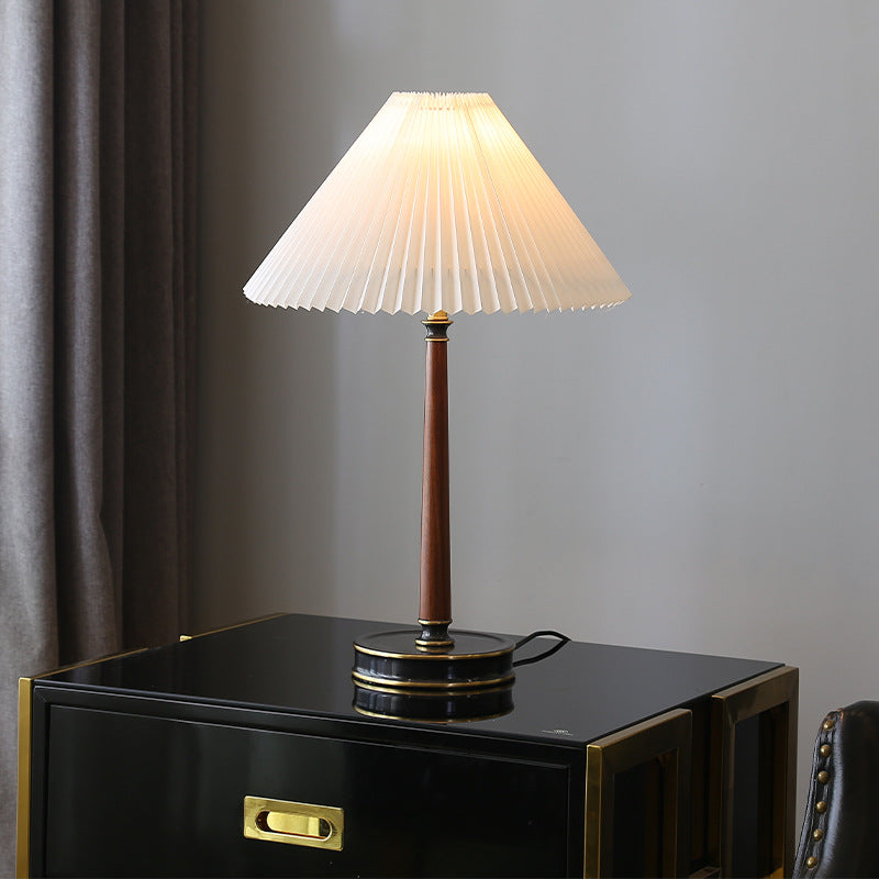 Modern Minimalist Metal Wood Pleated Fabric Cone Shade 1-Light Table Lamp For Living Room