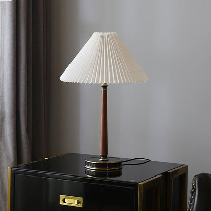 Modern Minimalist Metal Wood Pleated Fabric Cone Shade 1-Light Table Lamp For Living Room