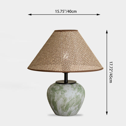 Traditional Chinese Ceramic Round Base Fabric Shade 1-Light Table Lamp For Living Room