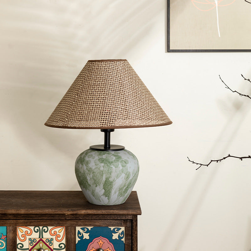Traditional Chinese Ceramic Round Base Fabric Shade 1-Light Table Lamp For Living Room