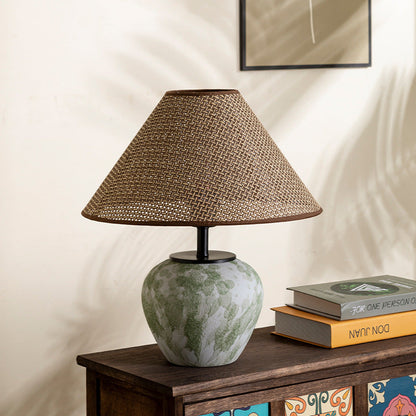 Traditional Chinese Ceramic Round Base Fabric Shade 1-Light Table Lamp For Living Room
