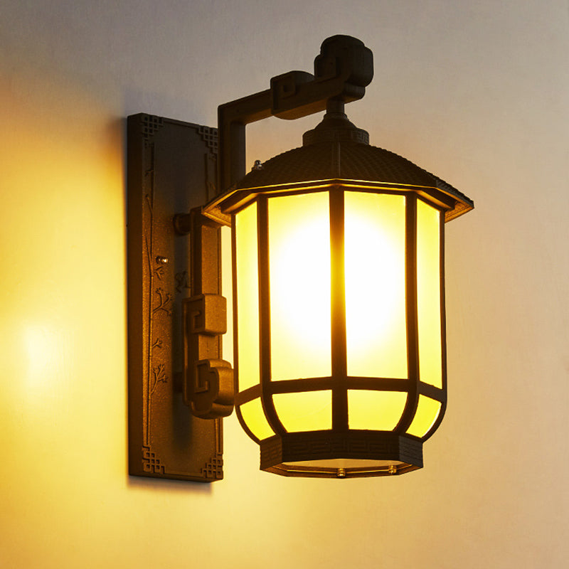 Traditional Chinese Aluminum Glass Round Lantern 1-Light Wall Sconce Lamp For Outdoor Patio