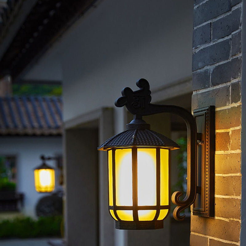 Traditional Chinese Aluminum Glass Round Lantern 1-Light Wall Sconce Lamp For Outdoor Patio