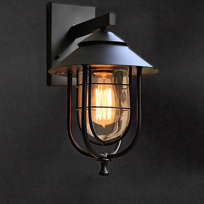 Contemporary Industrial Iron & Glass Caged Cylinder 1-Light Wall Sconce Lamp For Outdoor Patio