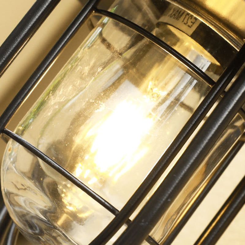 Contemporary Industrial Iron & Glass Caged Cylinder 1-Light Wall Sconce Lamp For Outdoor Patio