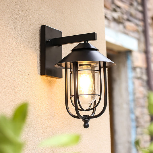 Contemporary Industrial Iron & Glass Caged Cylinder 1-Light Wall Sconce Lamp For Outdoor Patio