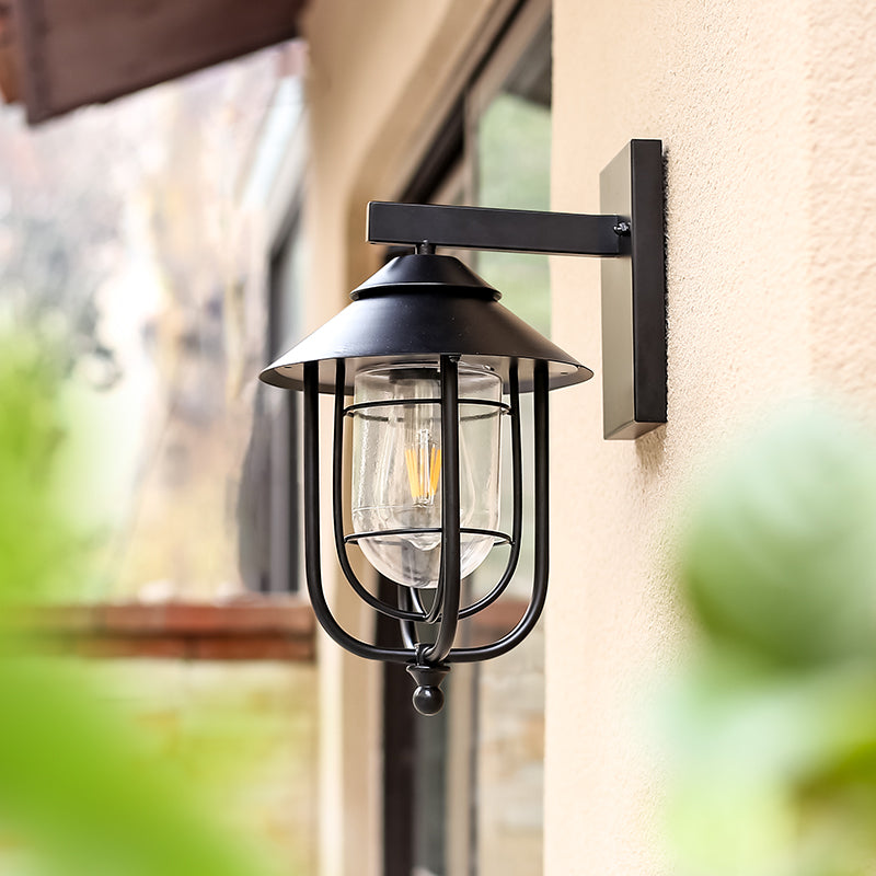 Contemporary Industrial Iron & Glass Caged Cylinder 1-Light Wall Sconce Lamp For Outdoor Patio
