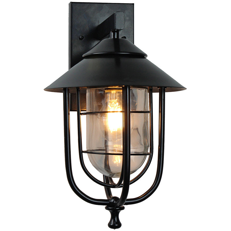Contemporary Industrial Iron & Glass Caged Cylinder 1-Light Wall Sconce Lamp For Outdoor Patio