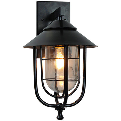 Contemporary Industrial Iron & Glass Caged Cylinder 1-Light Wall Sconce Lamp For Outdoor Patio
